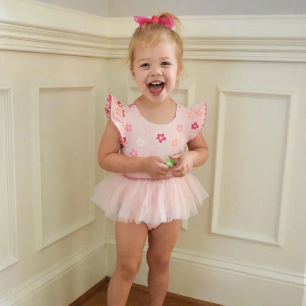 Mud Pie Toddler Girl Reversible Checkerboard Floral Tutu Swimsuit 2T 3T 4T 5T